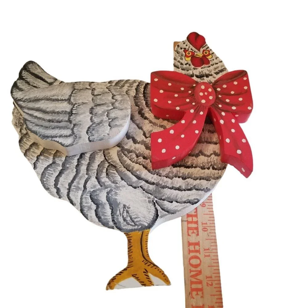 Handmade Wooden Chicken Wall Hanging Farmhouse Hen Red Polka Dot Bow White Black